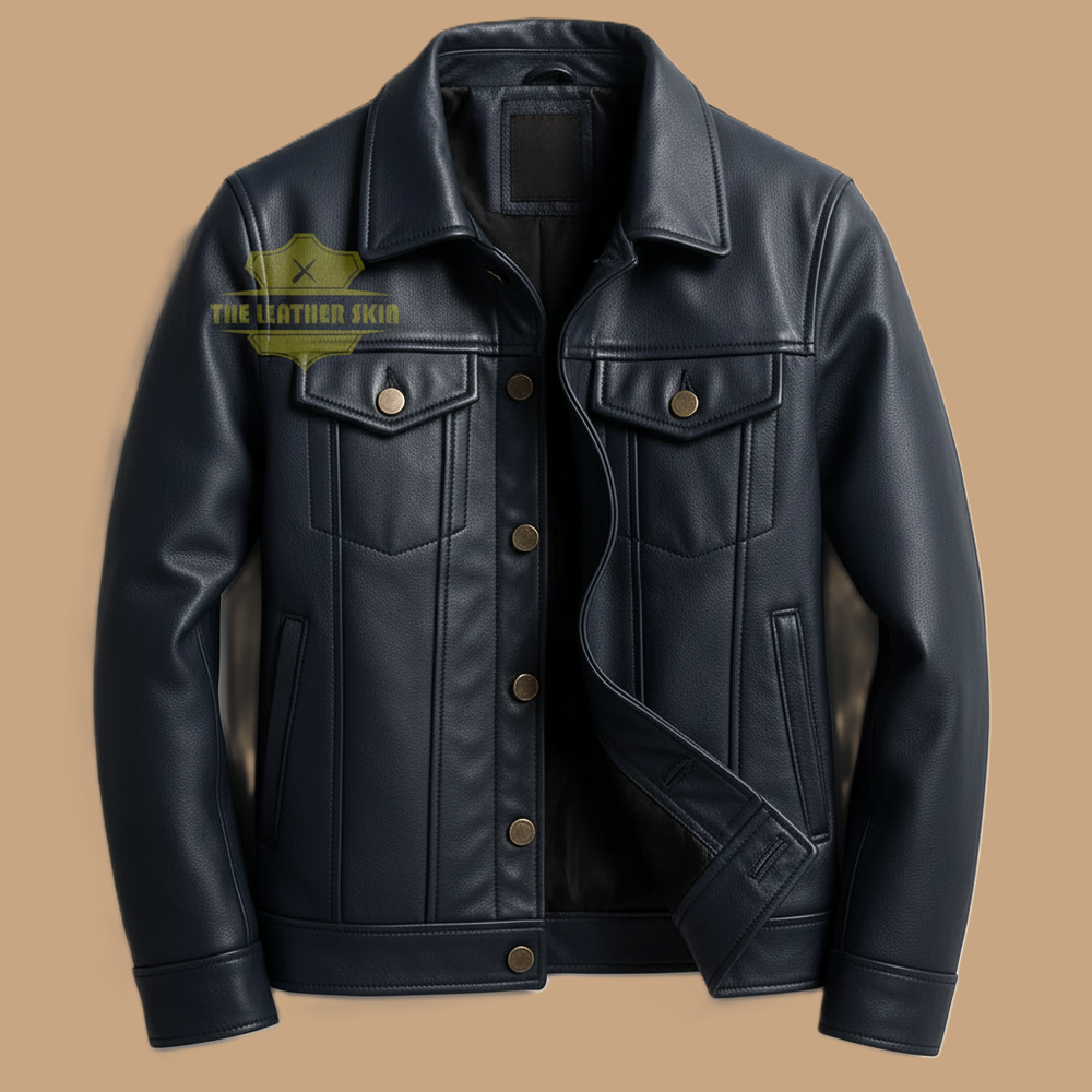Men Leather Jacket | Trucker Jacket | Genuine Blue Leather Vintage Style Jacket