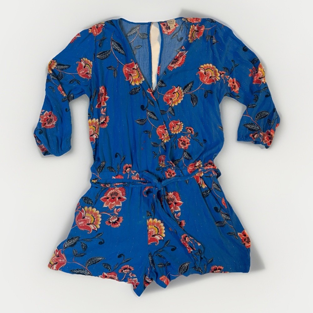 Loft Beach Romper Women's Size S Blue Floral Shimmer Garden Long Sleeve Shorts