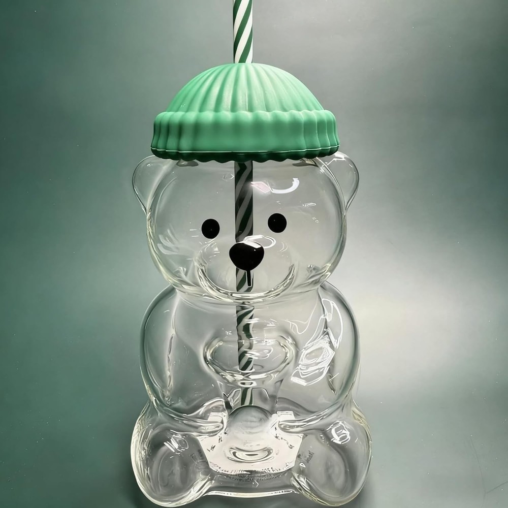 2025 New Bear Straw Cup, 20oz Glass Bear Cup With Reusable Straw For Smoothies,