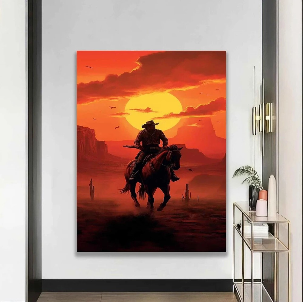 Cowboy And Sunset Abstract Orange Sky Paint Wall Art Canvas Unframed Print Art
