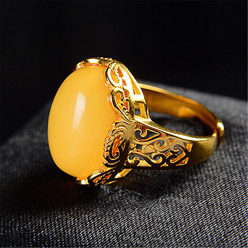Yellow Amber Rings Amulet Natural Jewelry Charm Designer 18K Gold Plated