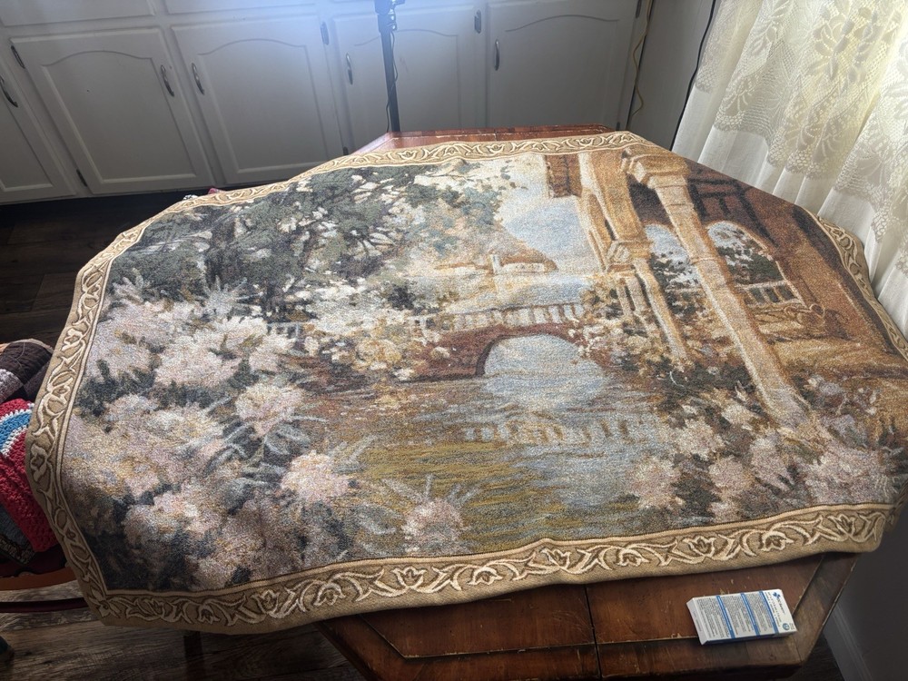 Vintage Marilyn Simandle Large Woven Tapestry Garden & Stone Bridge 54”x74” WOW!