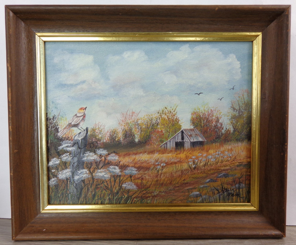 Hand Painted Bird Country Barn Barbed Wire Landscape Art Painting Framed Signed