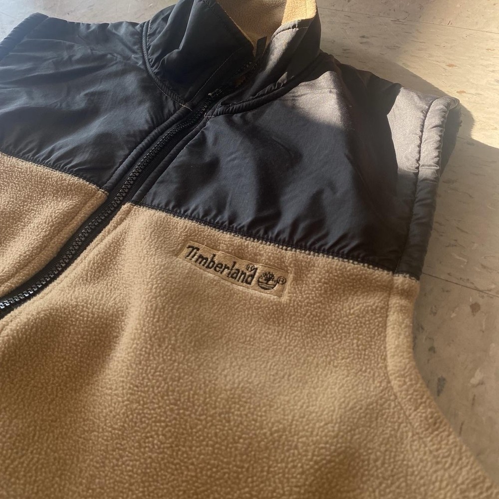 Timberland Men's Large Beige Fleece Zip Vest with Pockets for Hiking & Outdoor