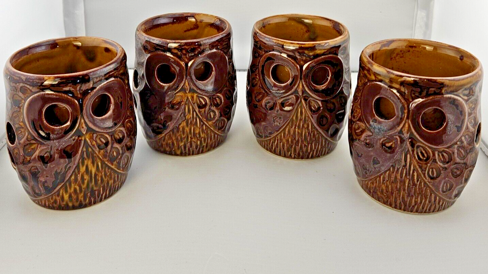 VTG Brown Glazed MCI Ceramic Owl Mug 1970s Japan MCM Insulated Tea Cup Set of 4