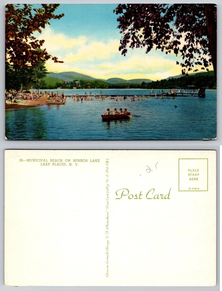Lake Placid NY Municipal Beach Mirror Lake Vintage Postcard Curteich Photochrom