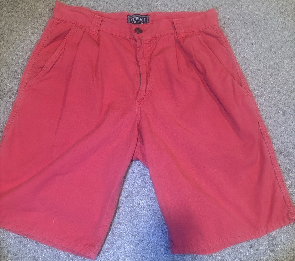 Versace Classic V2 Red Cotton Bermuda Shorts Pleated Front Patch Pockets Men's