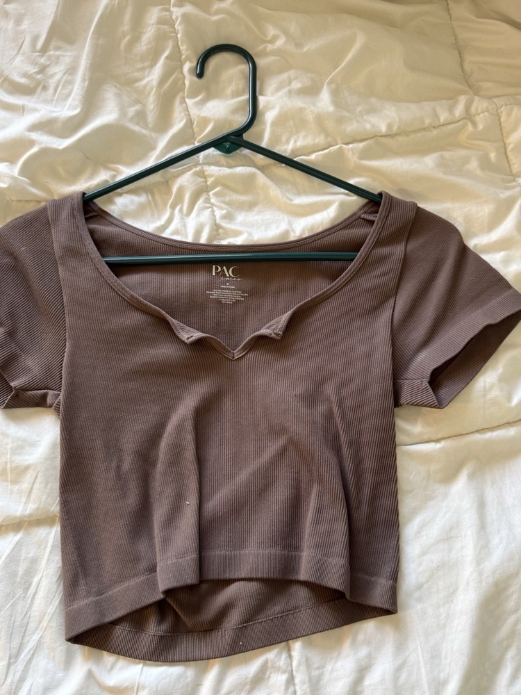 PAC Brown Cropped V-Neck Knit Short Sleeve Stretch T-Shirt Women's Size S