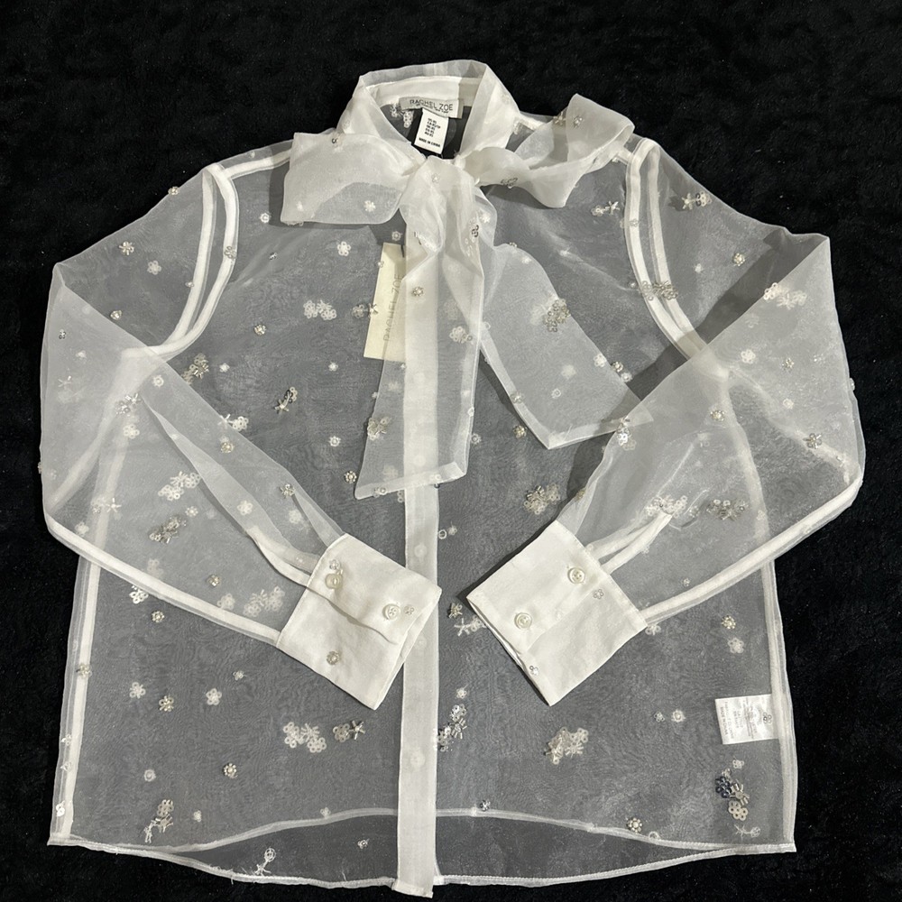 NWT Rachel Zoe White Embellished Organza Bow Blouse Top Sheer Womens XS