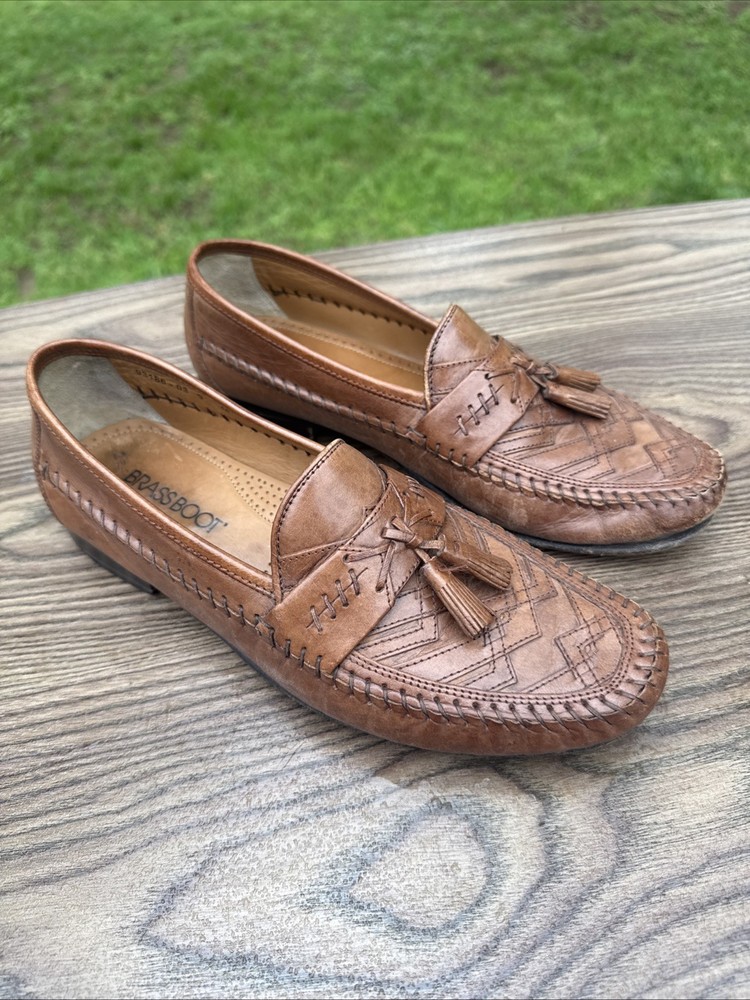BRASS BOOT Brown Leather Loafers Woven Tassels MENS Sz 9 M Handmade Spain Shoes