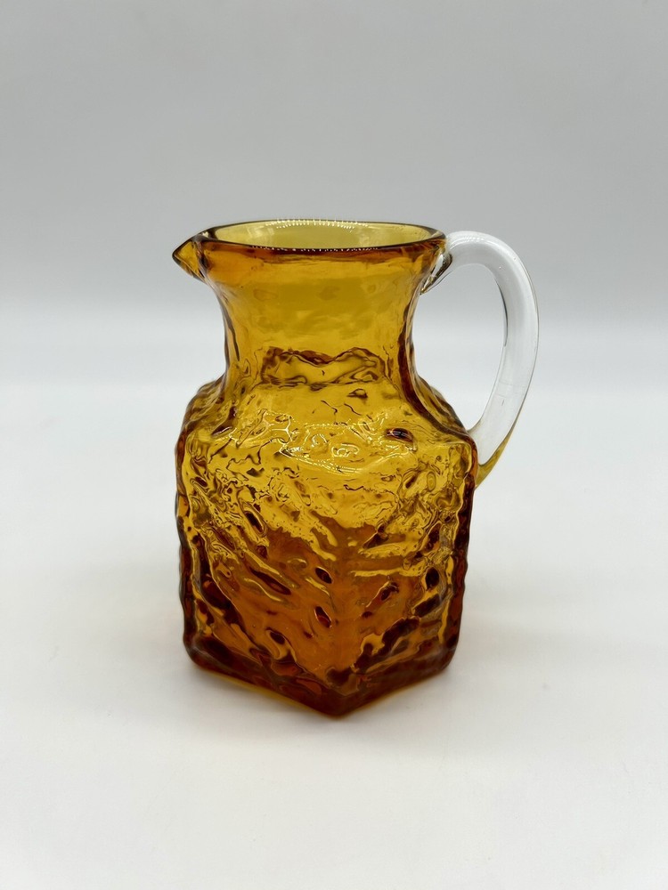 Vintage Pilgrim Glass Amber Rock Crystal Pitcher Six Sided Clear Handle
