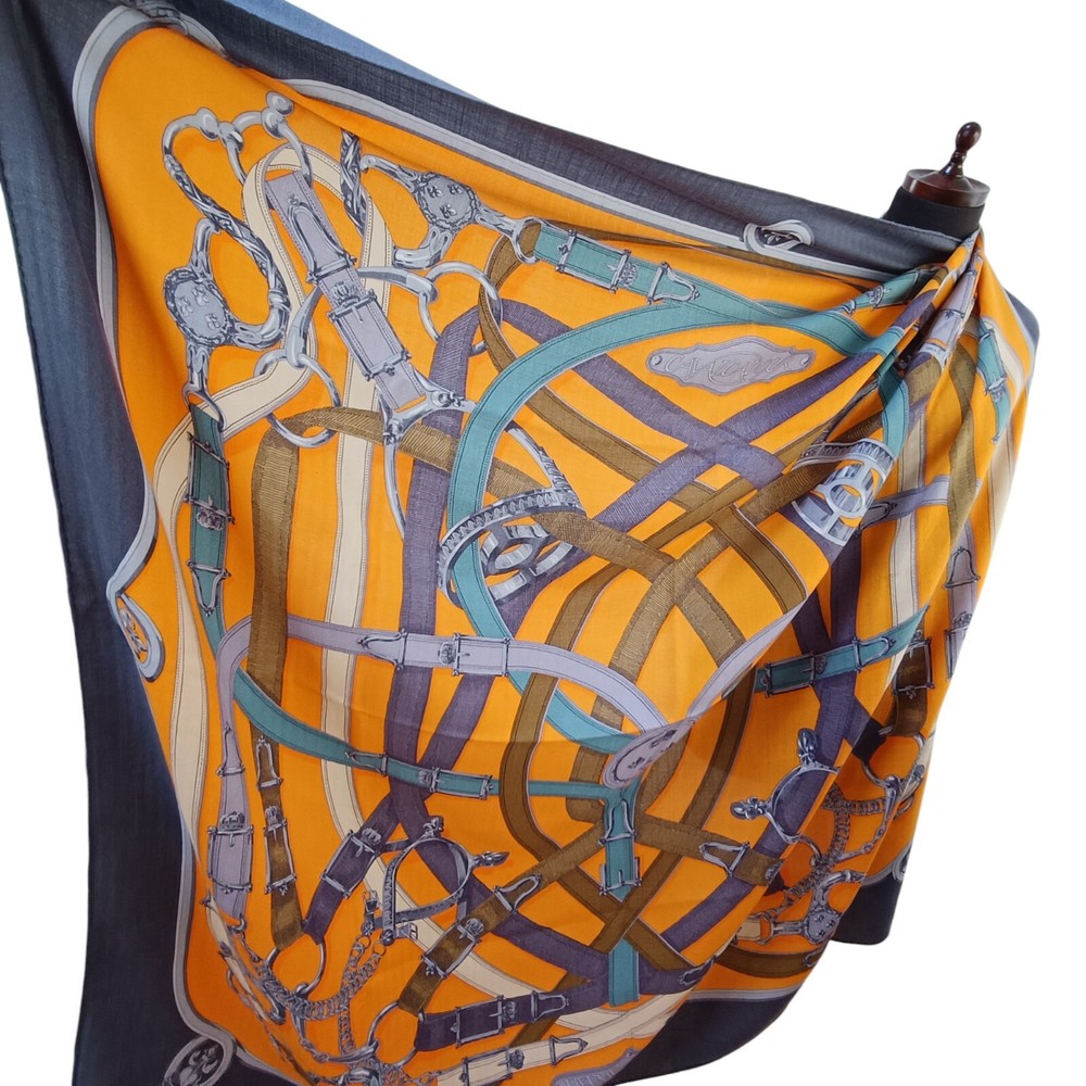 HERMES Cavalcadour 140 Carre Cashmere Silk Scarf Shawl Cleaned Luxury Large  