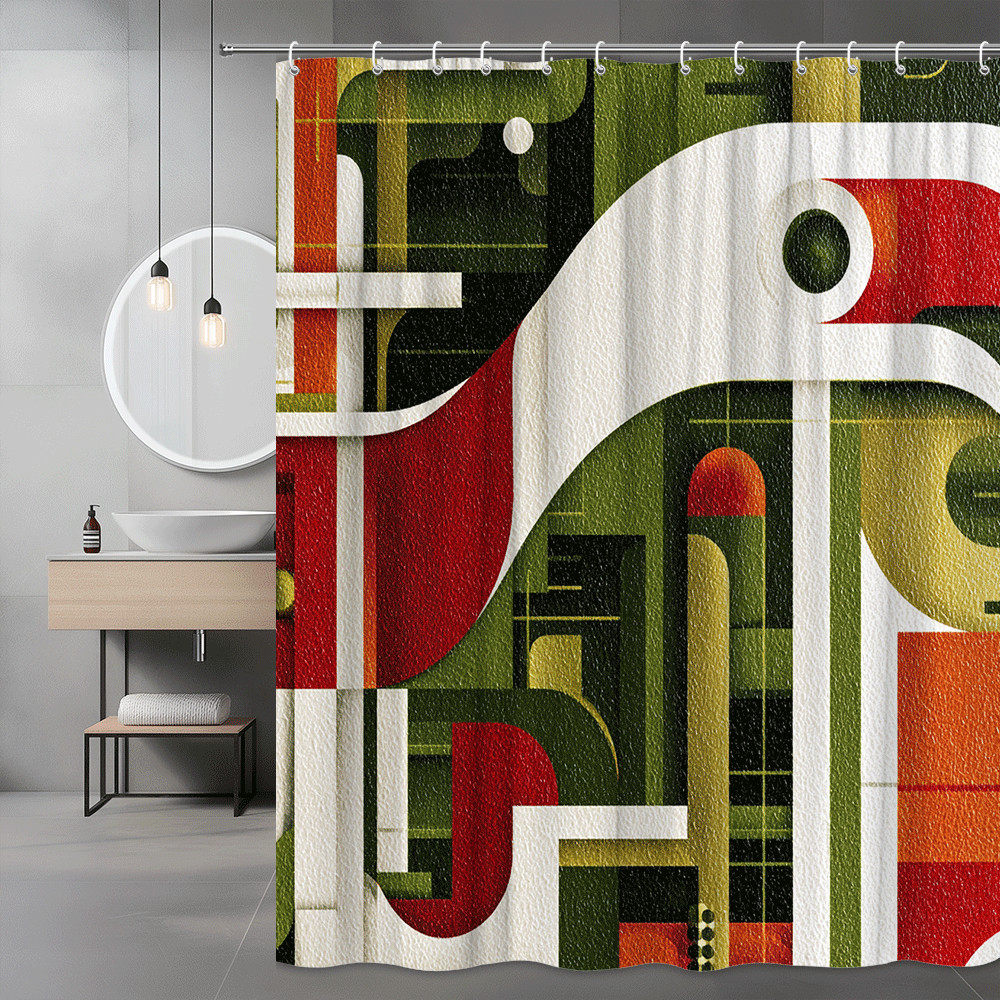Abstract Geometric Retro Shower Curtain Green Red White