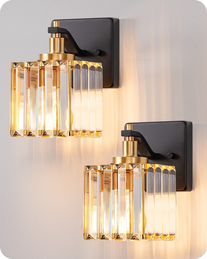 Black Gold Wall Sconces Set of 2 Crystal Vanity Lights for Bathroom Mirror