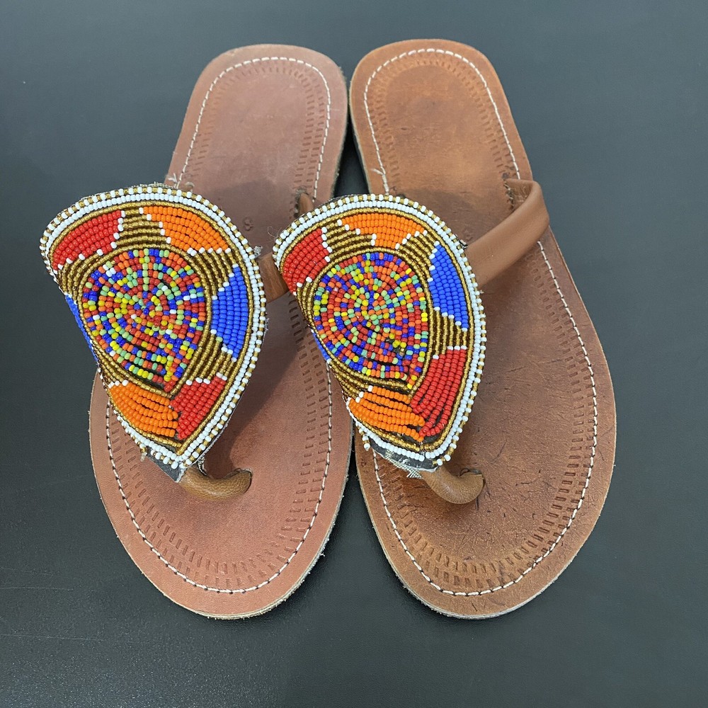 Tribal Handmade Beautiful Beaded Leather Sandals 38 Women’s size 8 Boho African