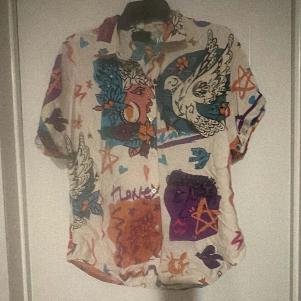 Minks Zone Men's Multicolor Graphic Print Short Sleeve Button-Up Shirt M