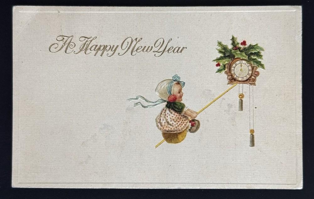 Antique New Year Postcard Girl on Pendulum Clock Holly Embossed 1910s