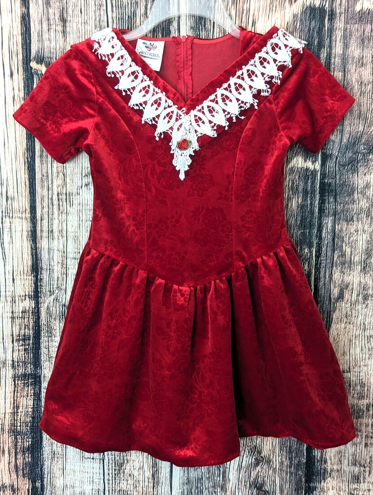 Vintage Nutcracker Christmas Dress Girls 8 Red Brocade Velvet Lace Trim Made USA
