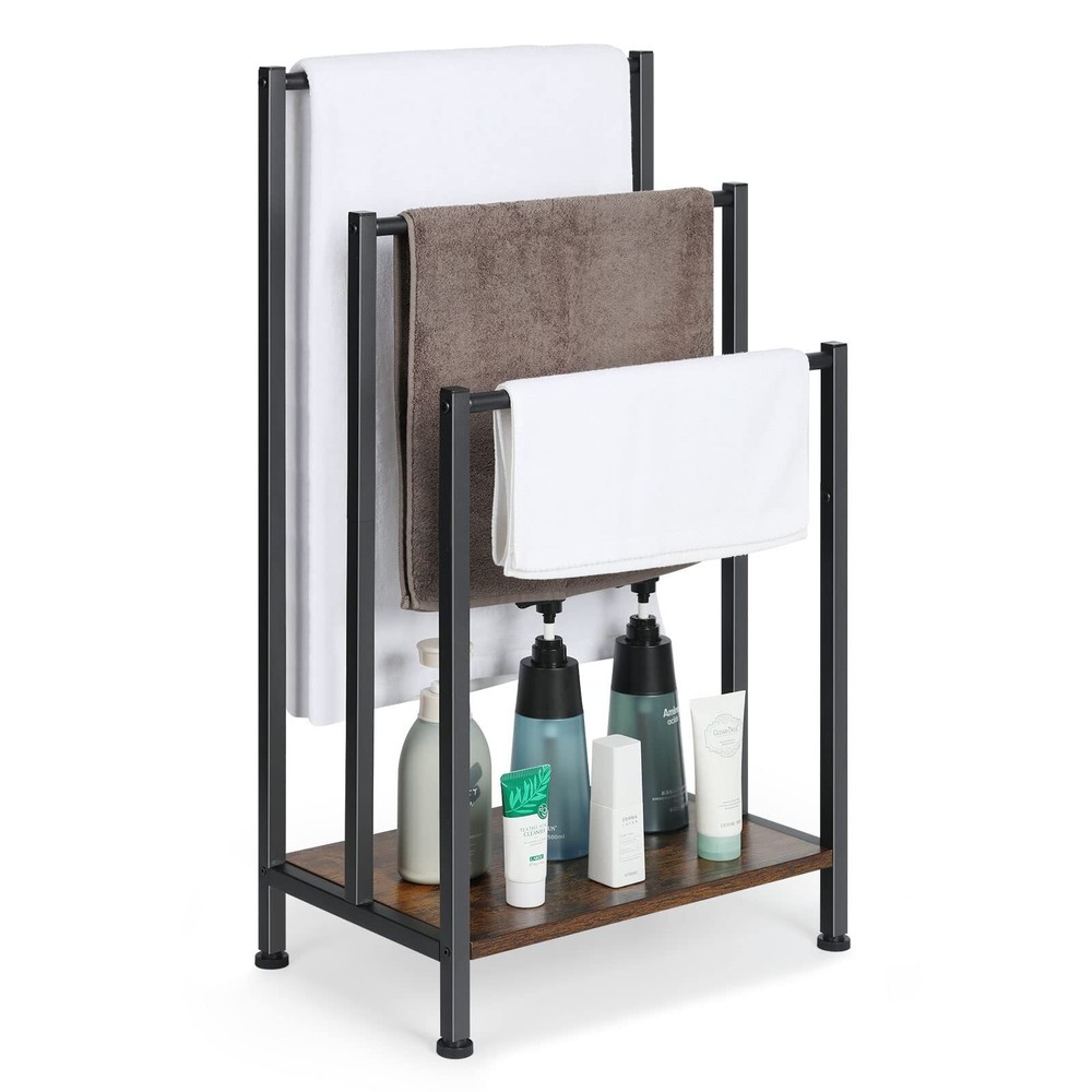 Freestanding Towel Rack, 3 Tier Blanket Ladder Holder with Rustic Brown Woode...