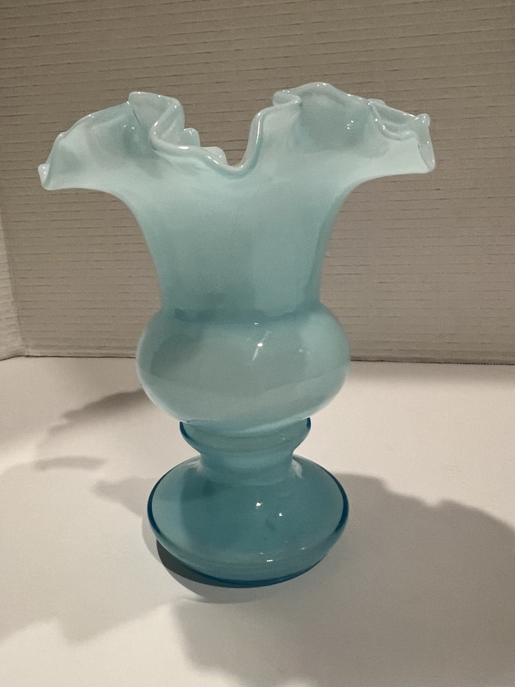 Vintage Fenton Light Blue Glass Overlay 6-1/2” Flower Vase Ruffled Rim