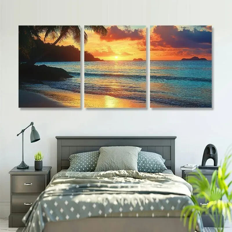 3pcs Panel Palm Tree Beach Sunset Triptych Metal Print  Ready to Hang Art