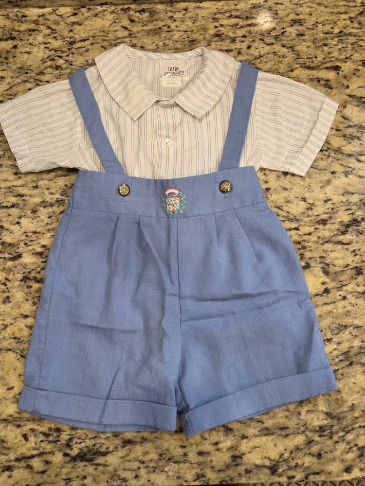 Vintage Baby Boy Outfit SIZE 3T Summer Suspender Dress Suit Nautical 2pc Set 80s