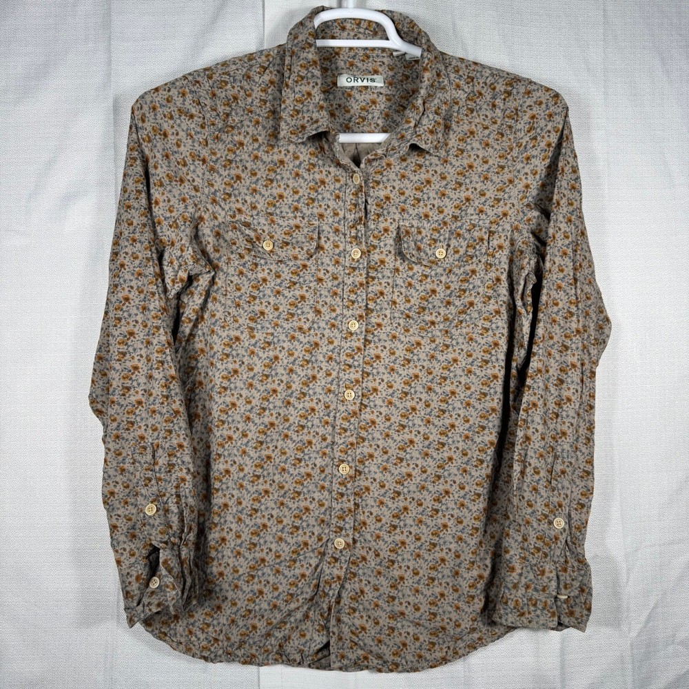 Orvis Womens Floral Corduroy Button Down Shirt Tan Orange Blu Size M Long Sleeve