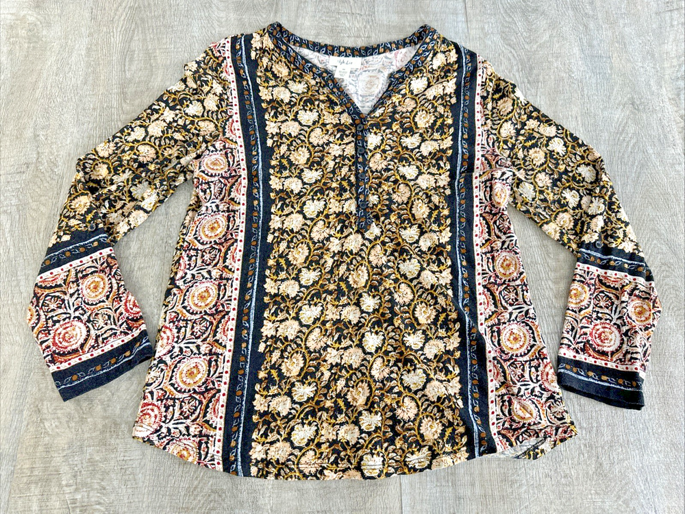 Style & Co Women's Bohemian Floral Tunic Blouse Long Sleeve V-Neck Size M