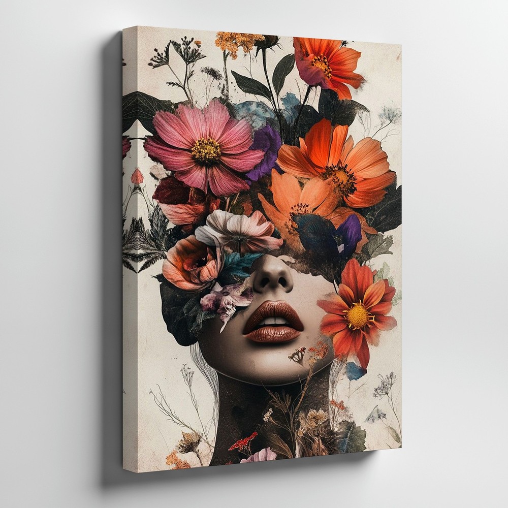 Abstract Woman Face With Colorful Flowers Canvas Wall Art Print Modern Home-image