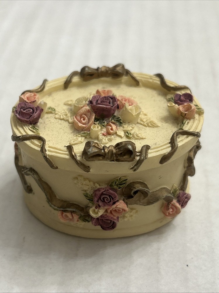 Vintage Resin Trinket Box With Ribbons And Roses Hand painted 1990’s