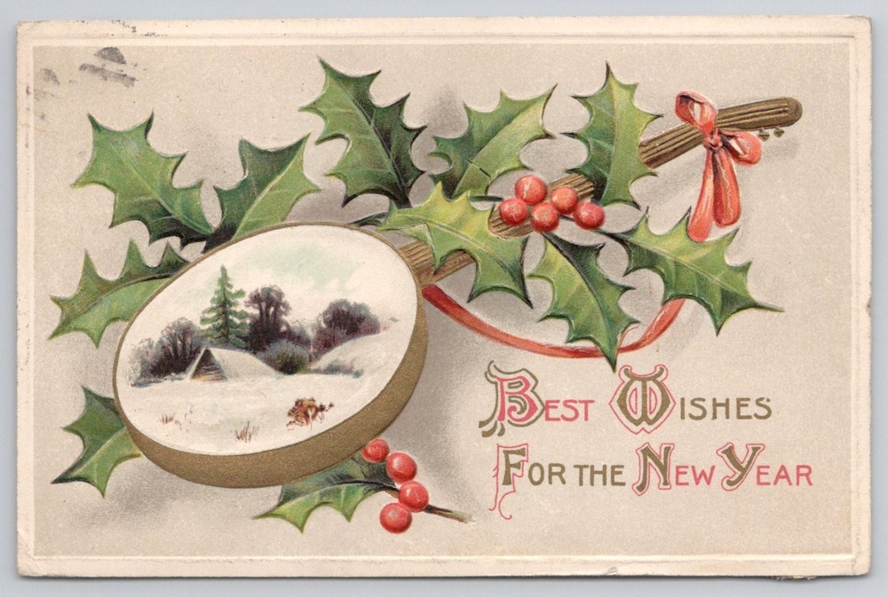 New Year Holly Embossed Postcard - Davidson Bros. State College PA 1900s