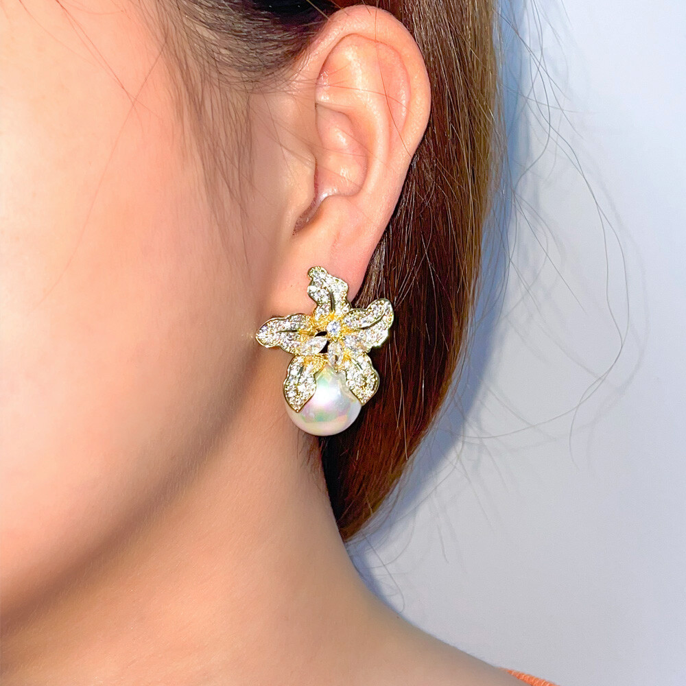 Gold Plated Cubic Zirconia Big Flower Pearl Drop Earrings Women Wedding Jewelry