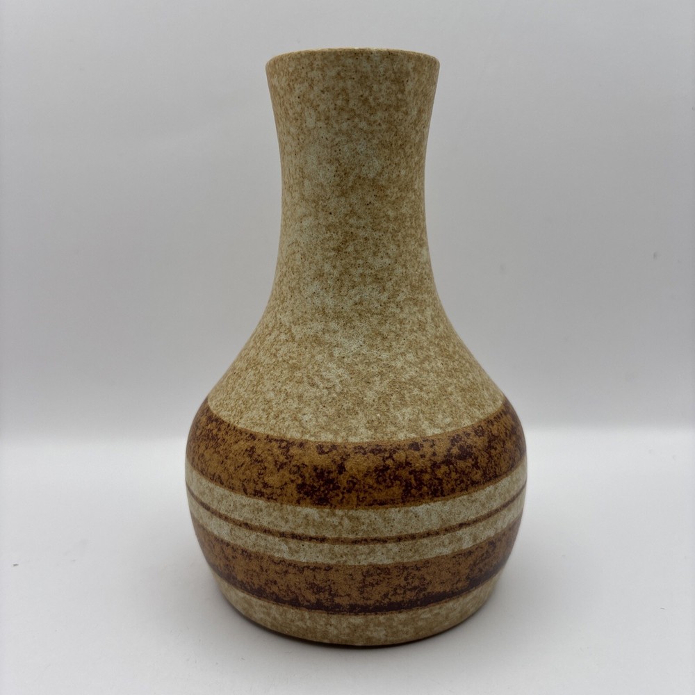 Vintage Striped Tan Brown Pottery Vase Handmade in USA