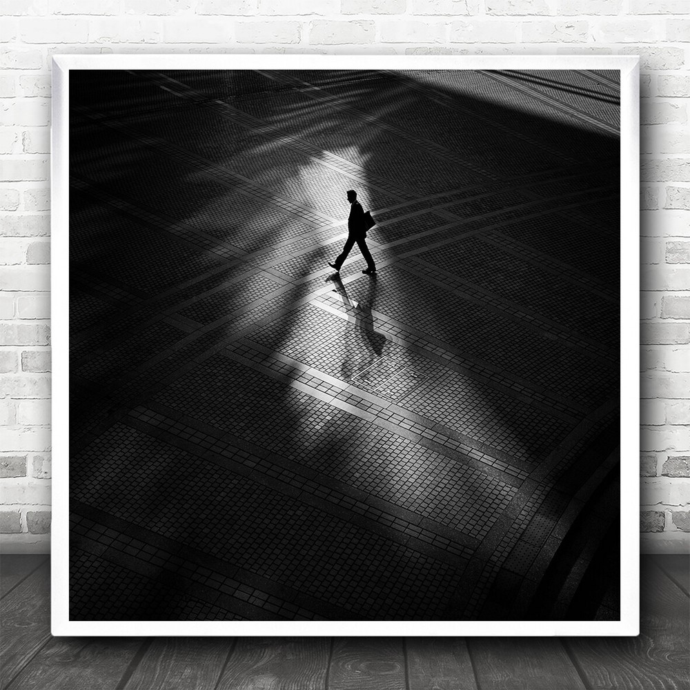 Walking Through Street Black And White Shadow Square Wall Art Print