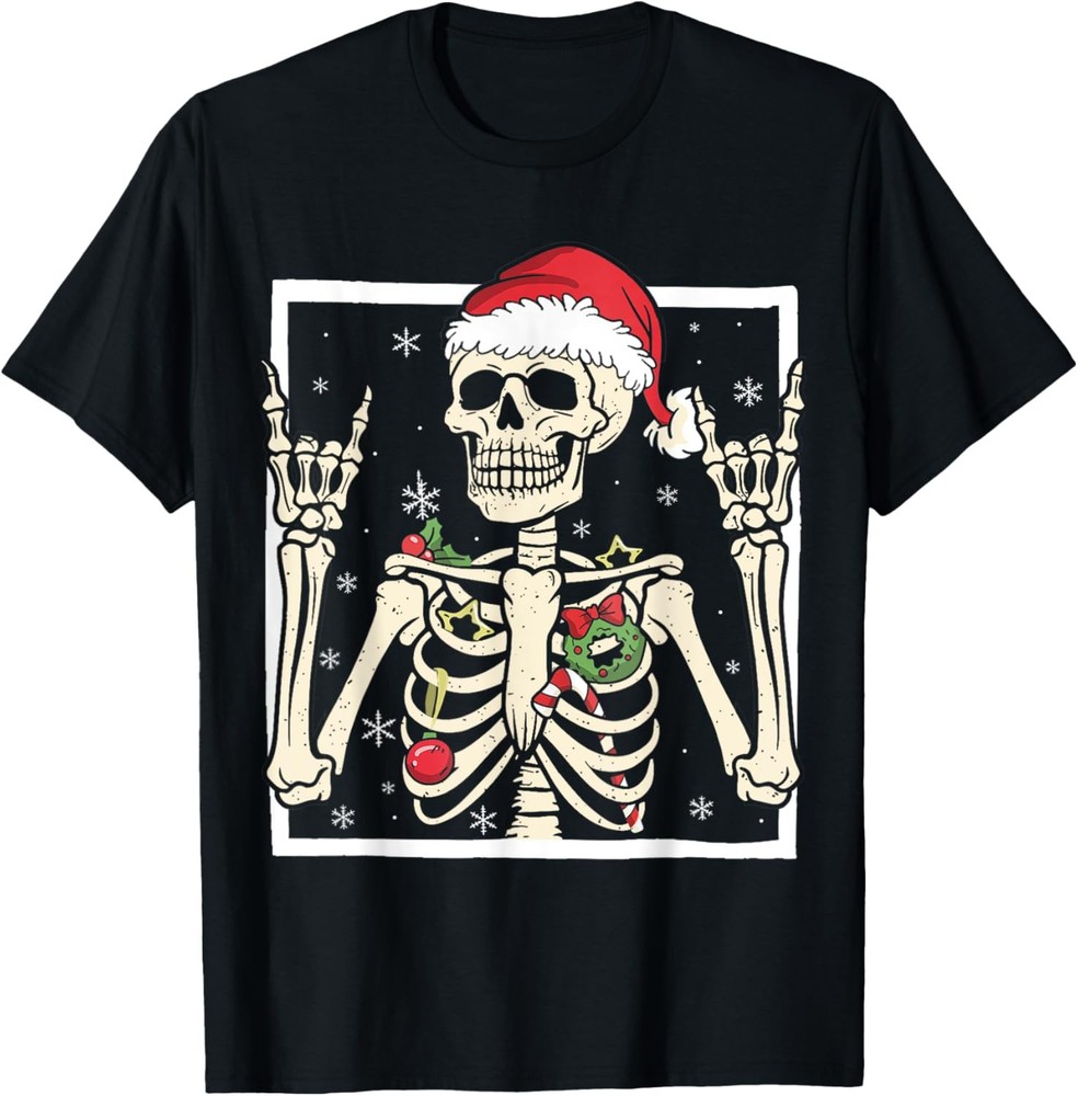 Rocker Skeleton Santa Hat Cool Christmas Punk Rock Men Boys T-Shirt