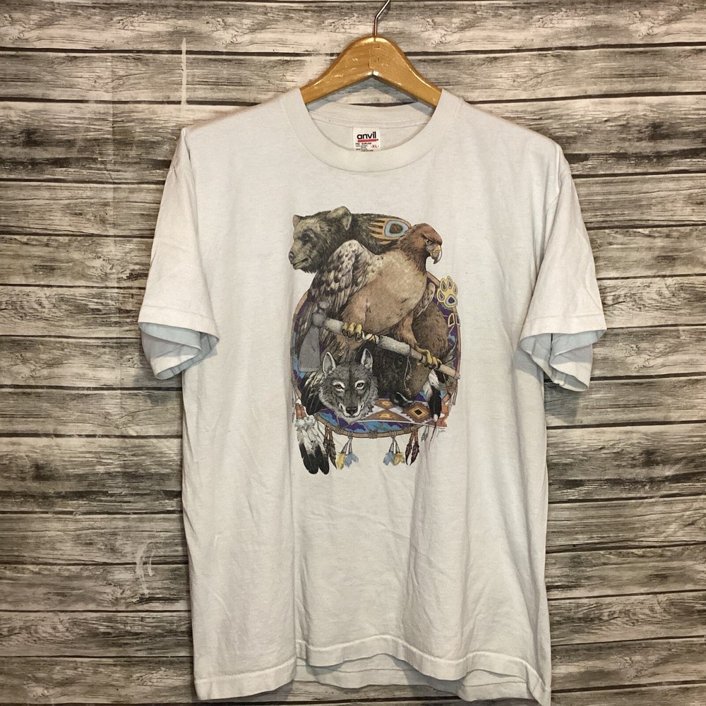 Vintage Nature Shirt Mens XL White Wolf Eagle Dream Catcher Graphic Tee 90s