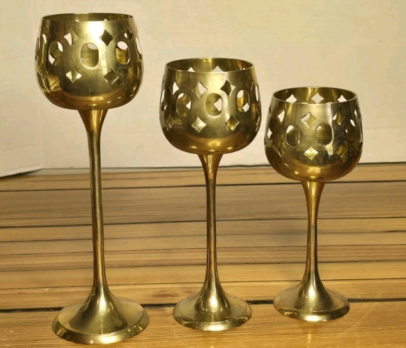 Vintage Brass Goblet Candle Holders Pierced Geometric Cutout Set of 3 MCM India
