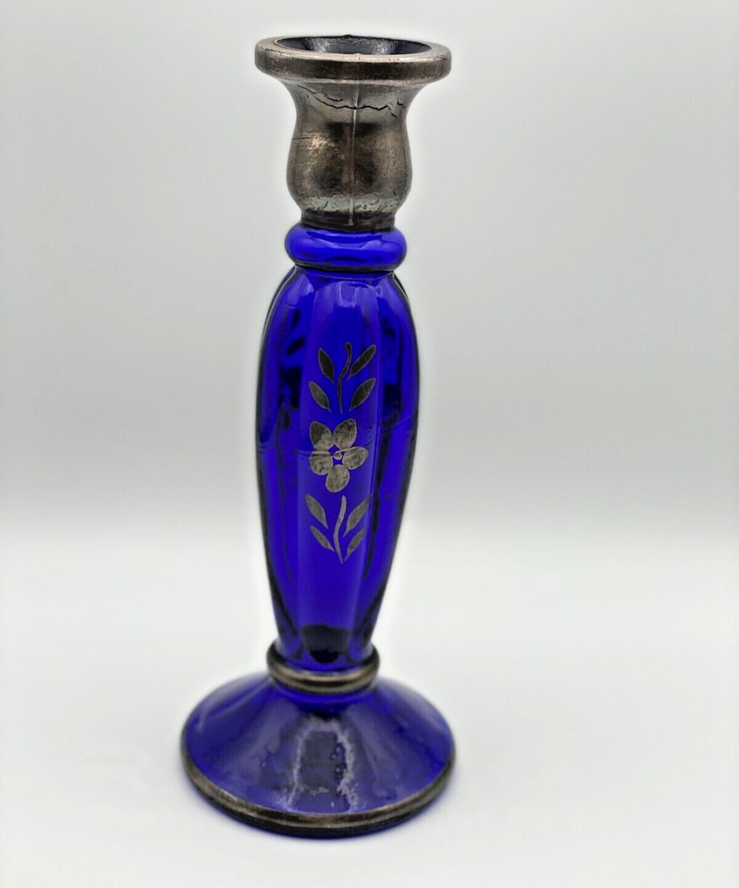 Cobalt Blue Glass Vase Hand Painted with Gold Overlay Made in Italy Paul's Prod
