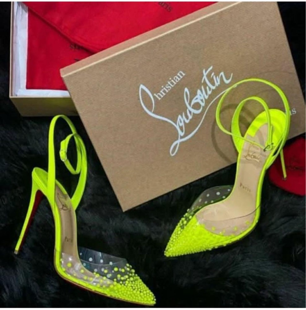 Christian Louboutin Neon Yellow Beaded Clear Heels Size 6.5 US New with Box