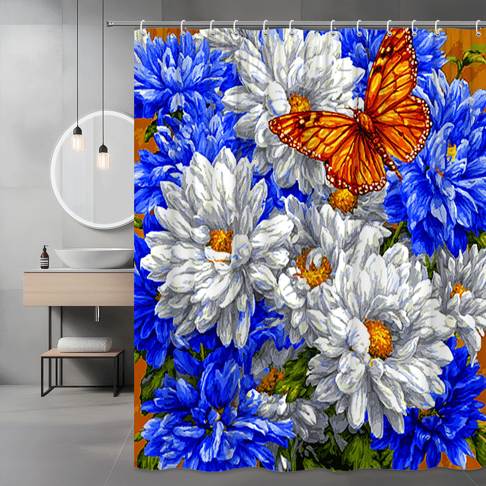 Blue White Flower Butterfly Shower Curtain Floral Print