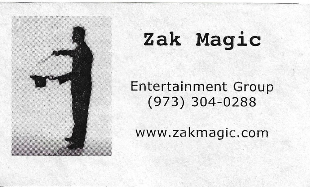 Zak Magic Entertainer Group magician business card from the New Jersey area