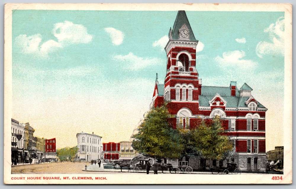 Court House Square MT. CLEMENS Michigan Horse & Buggies ANTIQUE Postcard