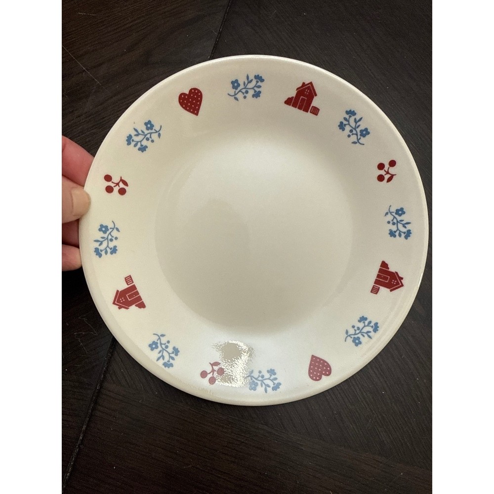 Corelle Village Bread and Butter Plate 6.75 Inch Red Blue Folk Art House Heart