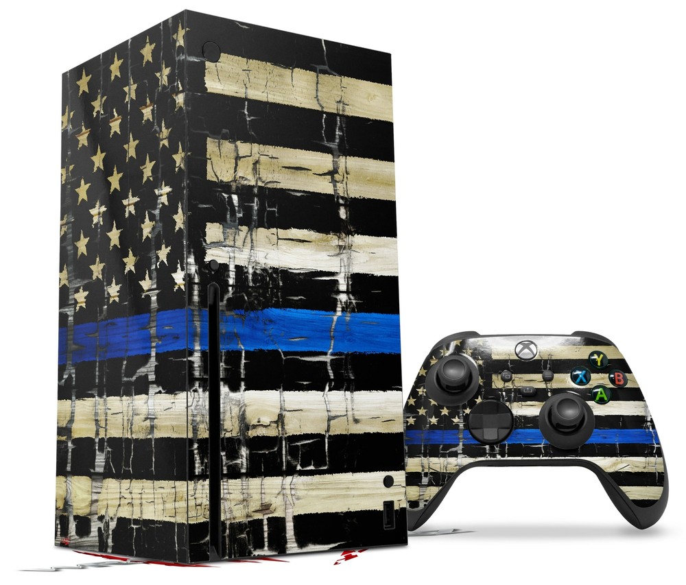 Skin Set for XBOX Series X Painted Cracked Blue Line Stripe USA American Flag