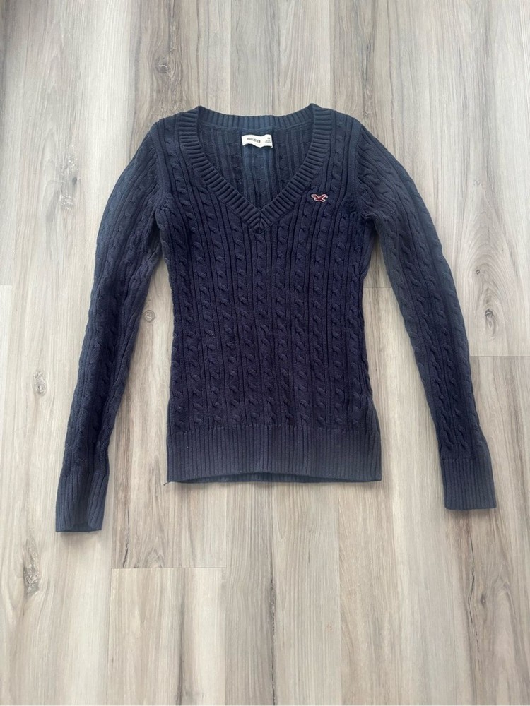 Y2K Hollister XS Navy Cable-Knit V-Neck Sweater