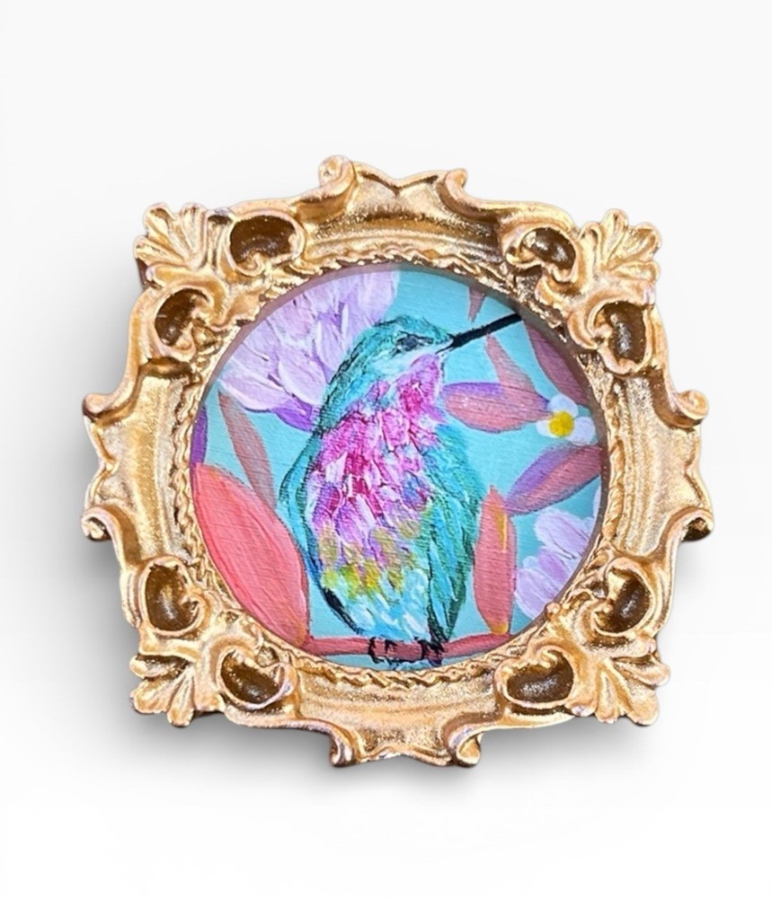 TEENY MINI • Hummingbird watercolor bird print in TINY ornate frame