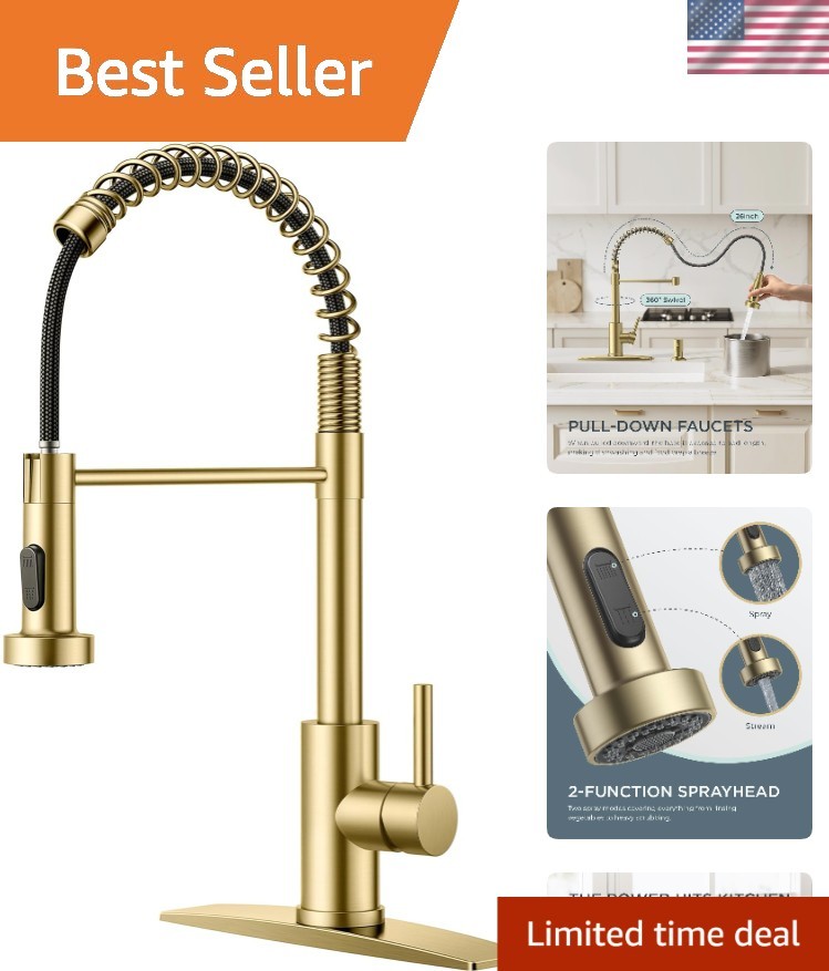 Elegant Gold Pull Down Kitchen Faucet - Dual Function Sprayer for Modern Spaces