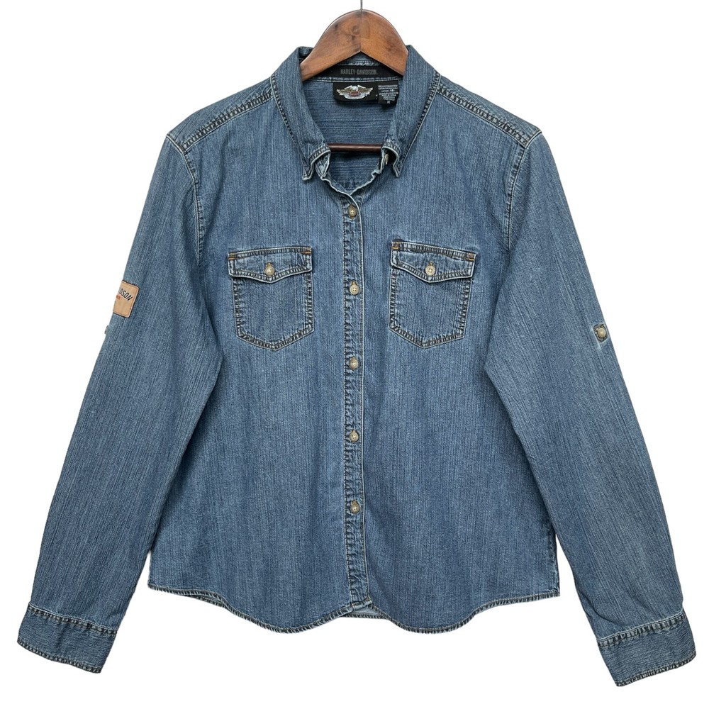 Harley Davidson Jean Jacket Women Size XL Blue Roll Tab Long Sleeve 100% Cotton