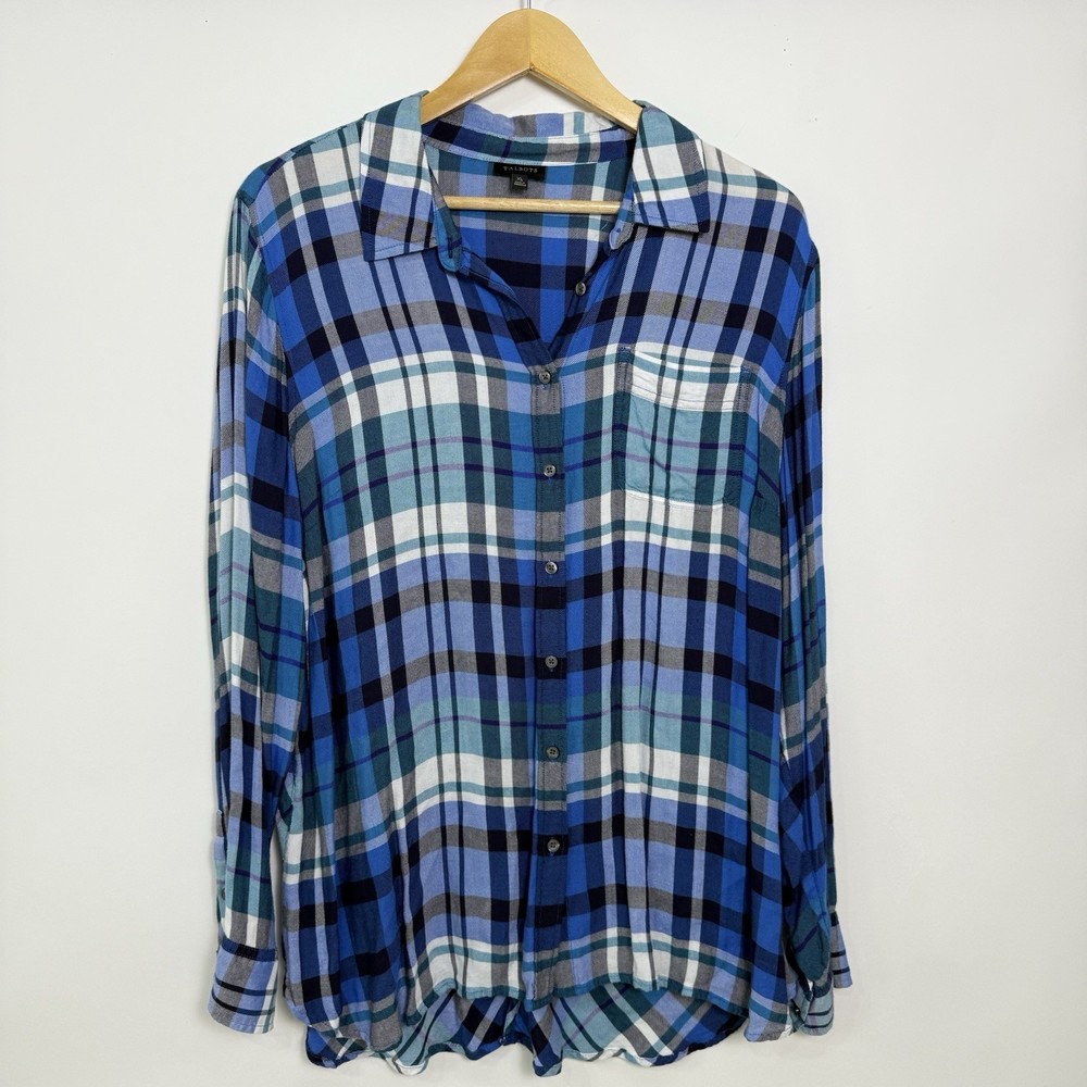 Talbots Button Front Tunic Shirt Size XL Blue Plaid Relaxed Casual