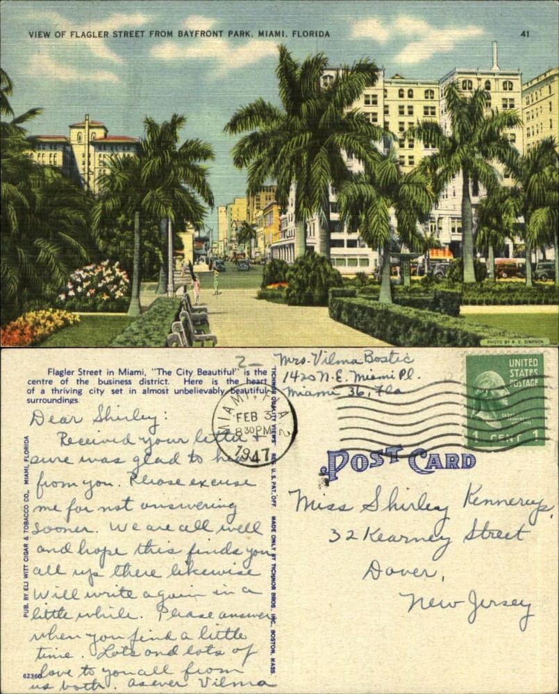 View of Flagler Street Bayfront Park Miami Florida FL vintage postcard